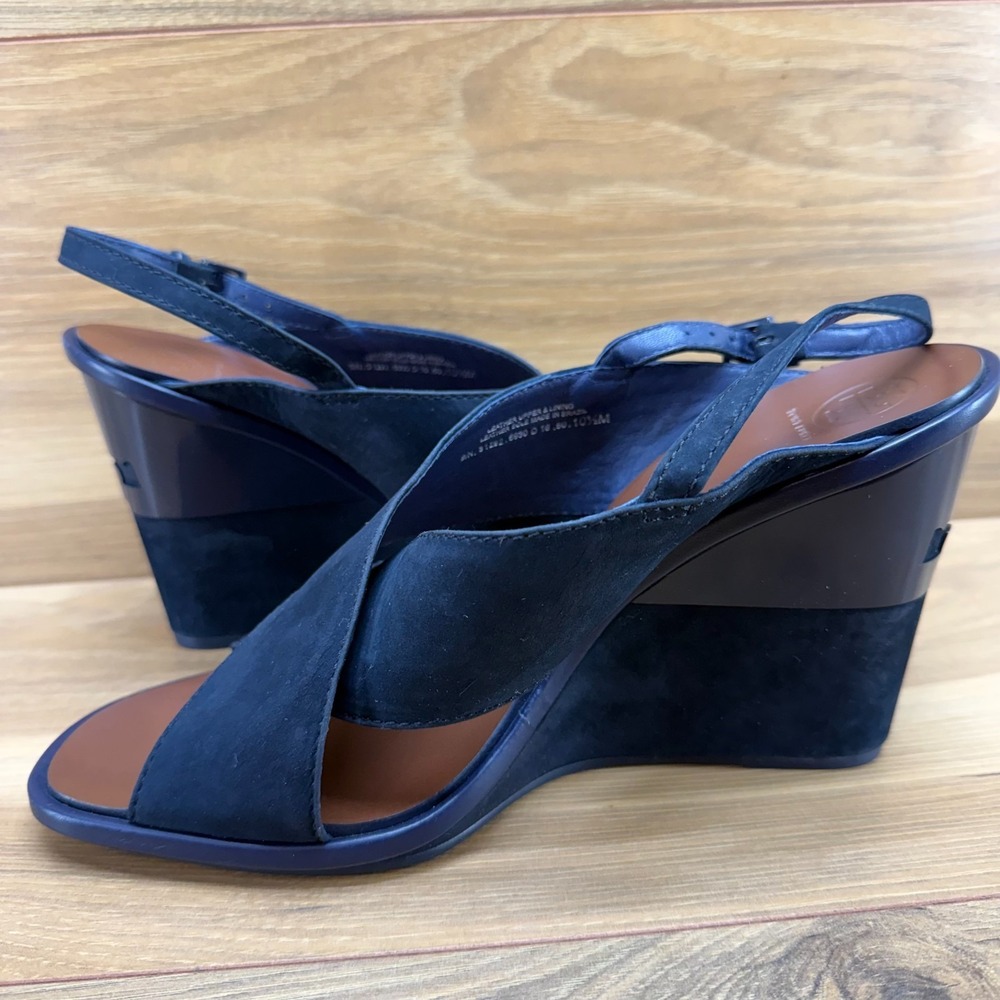 Tory Burch Gabrielle Wedge Slingback Sandals 10.5 M Navy Blue Suede Cross Strap - Picture 6 of 12